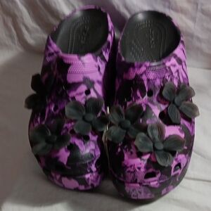 CROCS Purple and Black Floral Clogs
